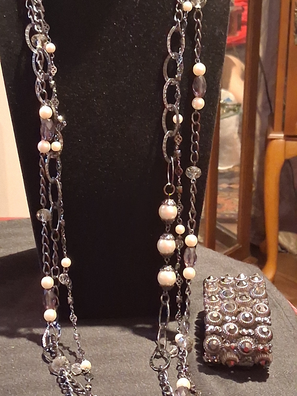 Premier Designs Necklace & Bracelet Set Gunmetal Multi Strand Faux Pearl Crystal